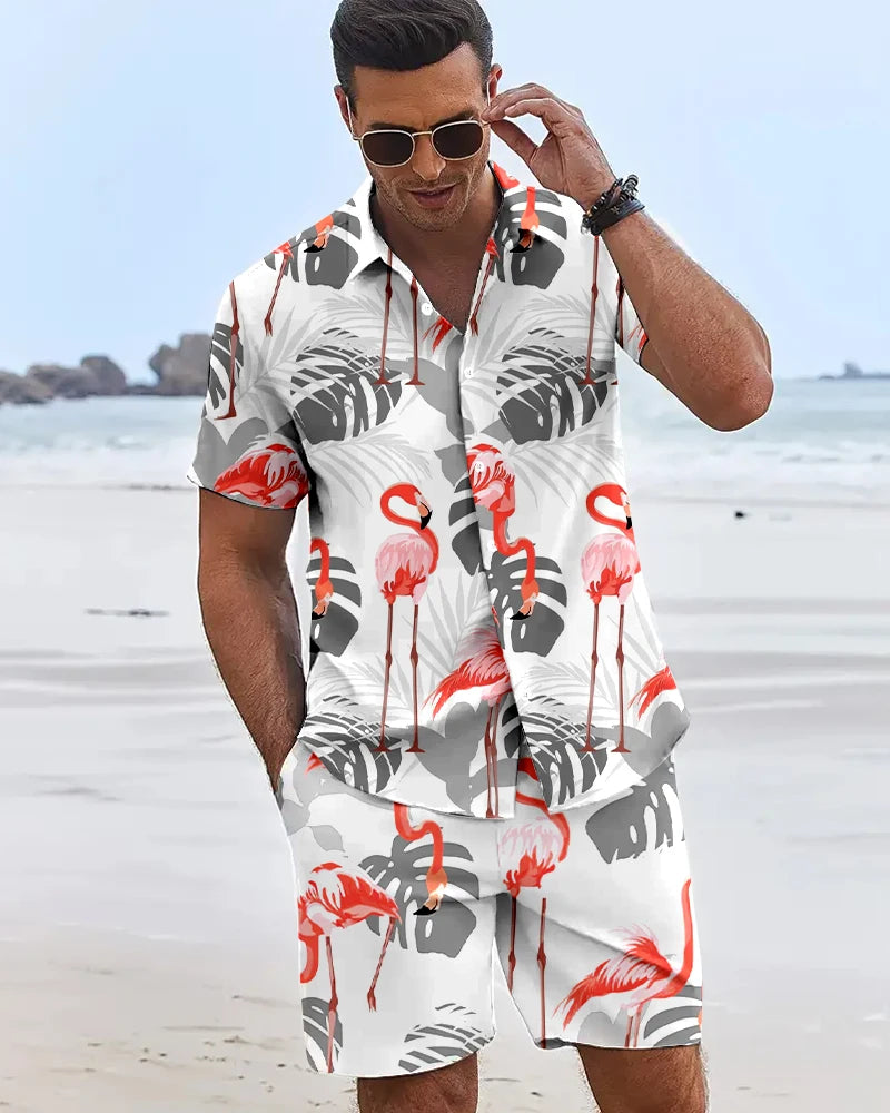 Funny 3D Flamingo Printed Men's Shirts Hawaiian Beach Vacation Short Sleeve Shorts 2 Piece Summer Hip Hop Trend Fashion Men Sets