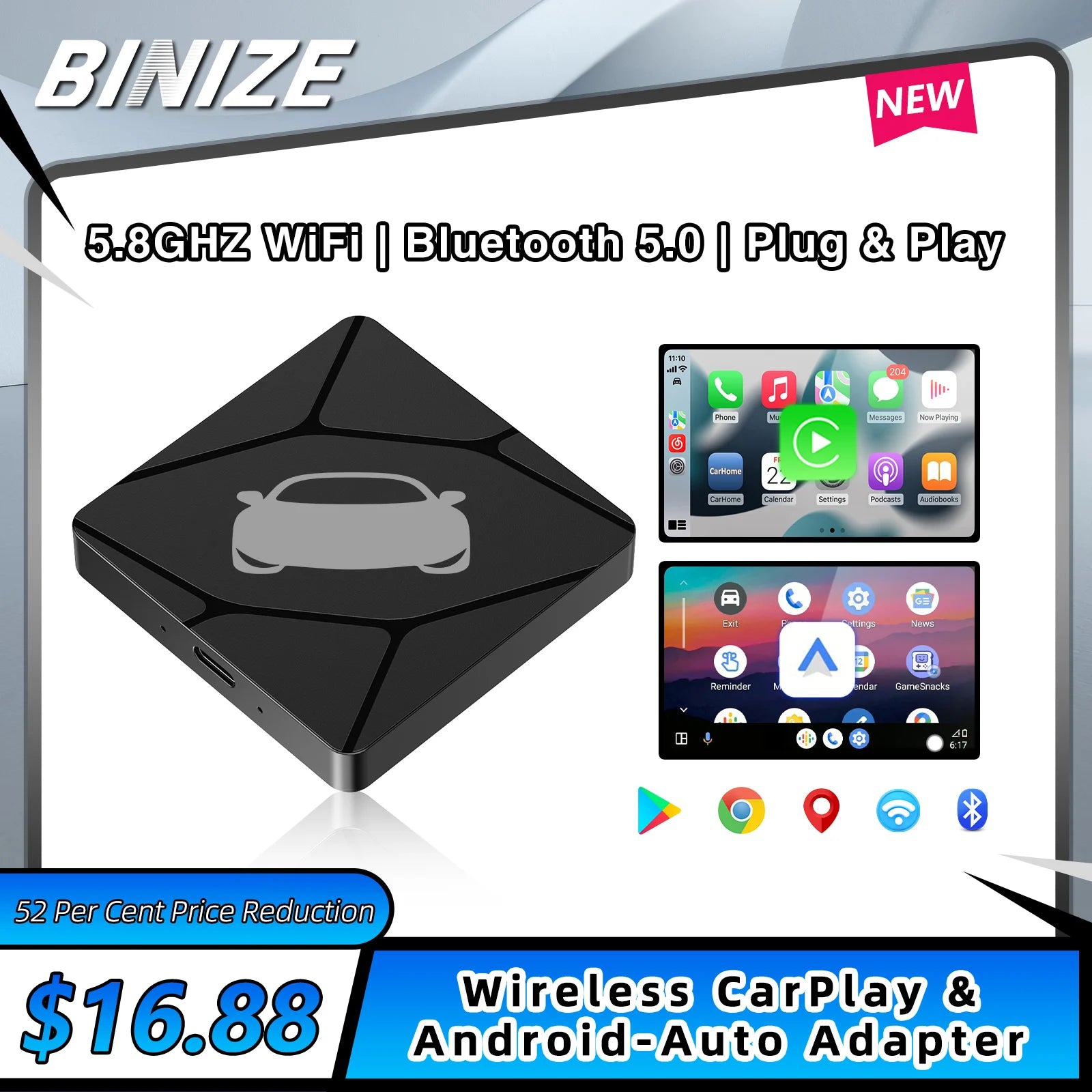 BINIZE Wireless CarPlay & Wireless Android-Auto Adapter 5.8GHZ WiFi Bluetooth 5.0 Plug And Play For Cars with OEM Wired Systems