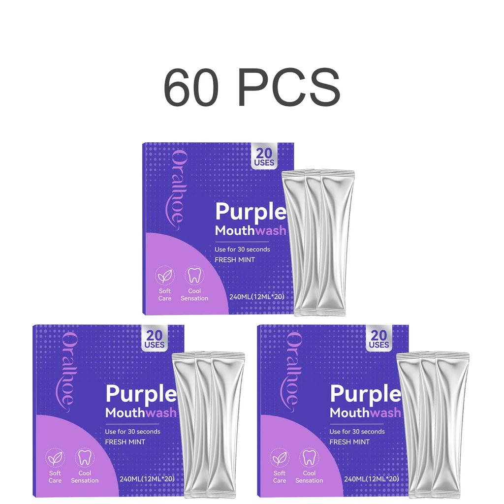 Purple Mouthwash Fresh Mint Flavor Gentle Formula Daily Oral Care Portable 20 Sachets Travel Size No Alcohol Quick Rinse 240ml