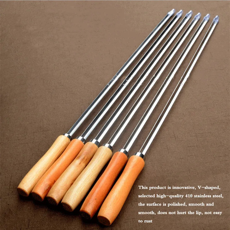 6pcs BBQ Skewers 50cm V-type Long Handle Shish Kebab Barbecue Grill Stick Wood BBQ Fork Stainless Steel Outdoors Grill Needle
