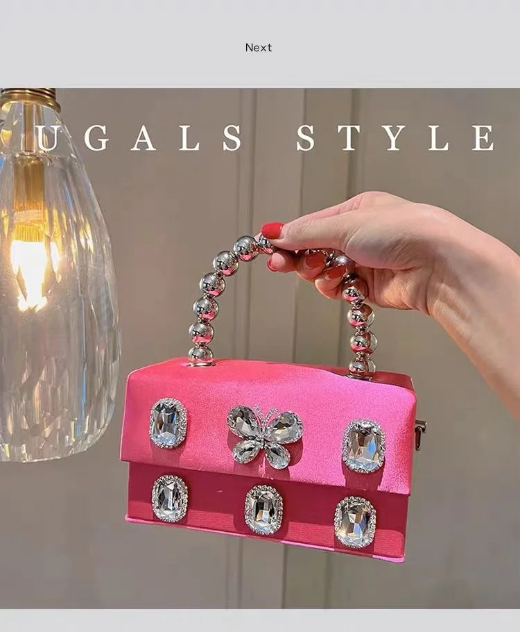 Luxury Satin Square Box Women Handbag Crystal Shiny Rhinestones Diamond Evening Bag Wedding Party Clutch Purse Crossbody Bag