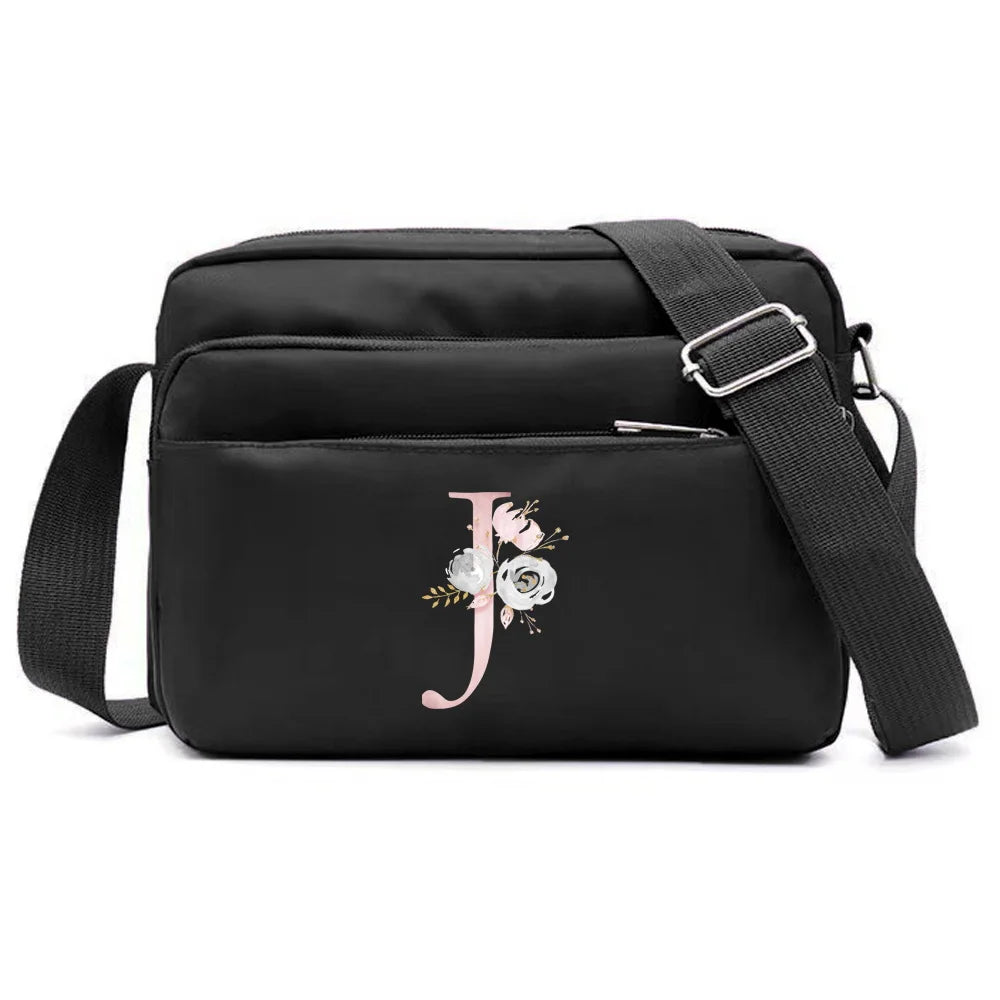 New Simple Black Storage Bag Multi-layer Travel Leisure One Shoulder Crossbody Bag Pink Flower Letter Series Printing Pattern