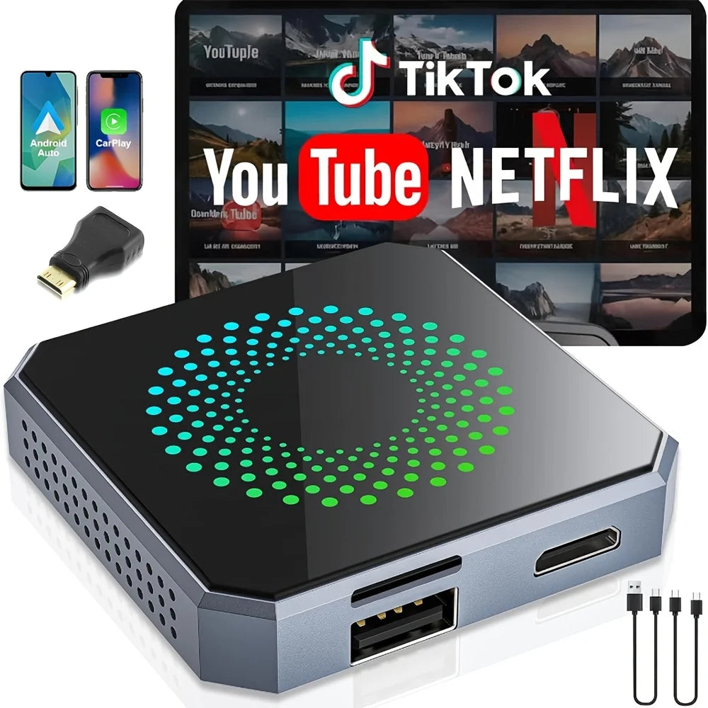 Wireless CarPlay and Android Auto adapters, compatible with Netflix and YouTube. The CarPlay AI box comes with USB-A and USB-C cables, suitable for iPhone and Android devices, converting a wired connection to wireless CarPlay