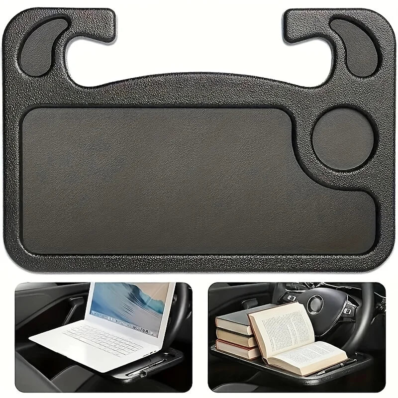 2-in-1 Car Steering Wheel Tray Table with Laptop Tray & Cup Holder, High-Strength ABS, for Sedans Trucks SUVs, Office & Reading
