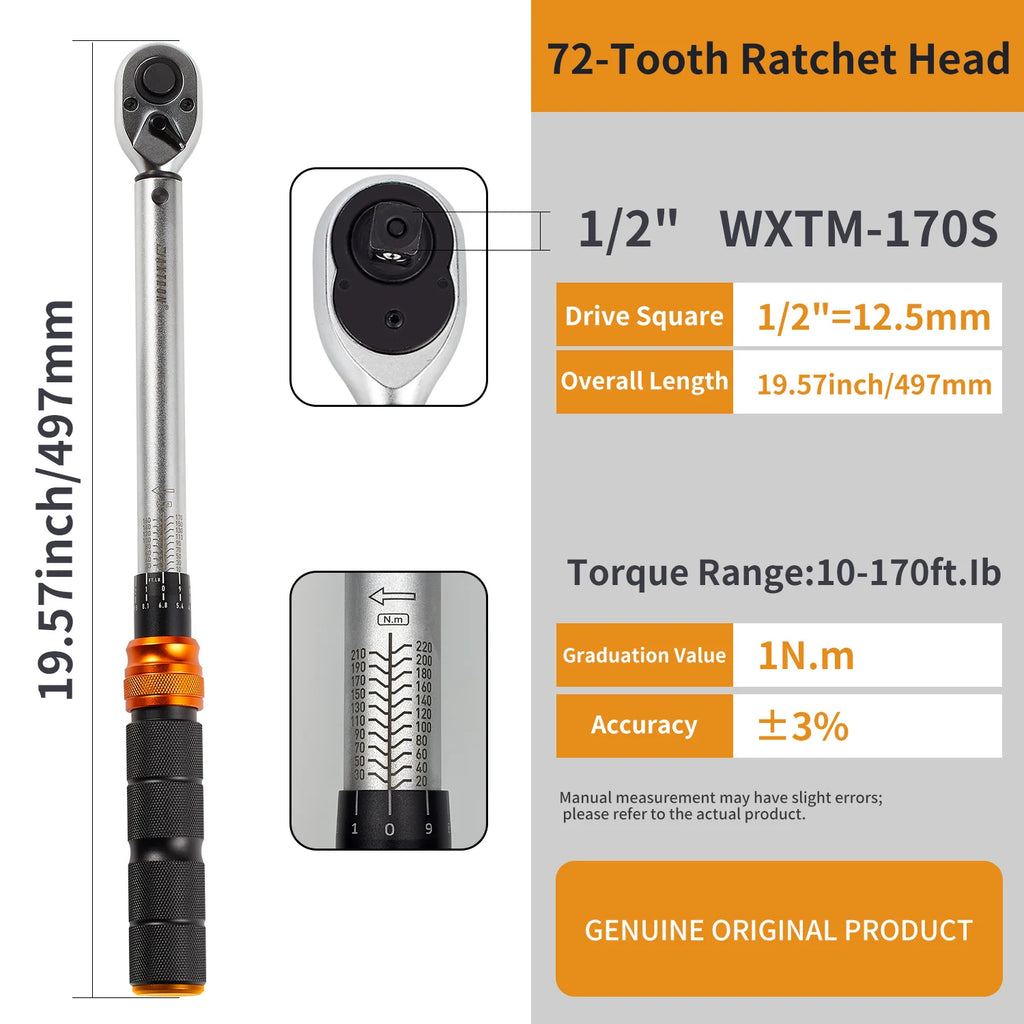 Waxtron Torque Wrench 1-220N.m ±3% Accuracy 1/2'' 1/4'' 3/8'' Drive Professional Maintenance Tools for Motorcycles and Bikes Hot