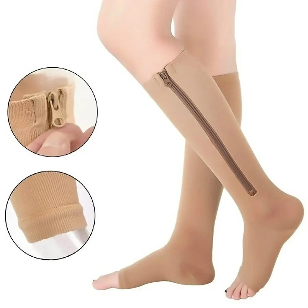 Knee-high Calf Compression Sock Men Women Support Knee Zipper Open Toe Thin Anti Fatigue Stretchy Medical Varicose Veins Hosiery