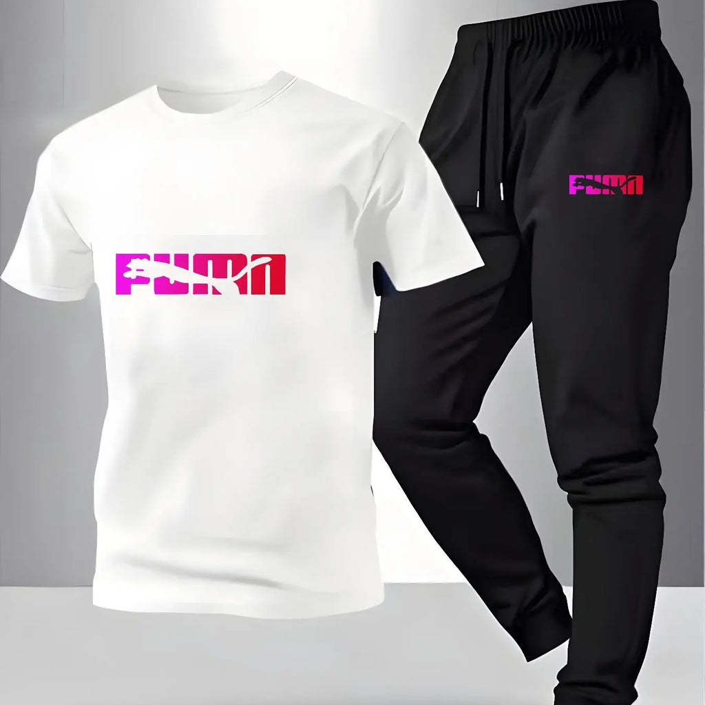 Breathable Cotton Men's Fashion Sportswear Set Pattern Printed T-Shirt & Comfortable Sports Pants for Casual Fitness Home