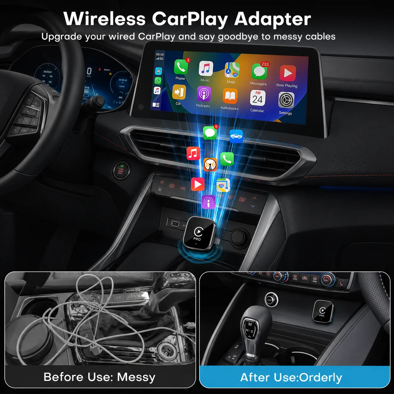 The Mini CarPlay Wireless Adapter and Android Auto Wireless Adapter convert wired CarPlay to wireless CarPlay. They come with GPS tracking capabilities and allow you to view your vehicle's real-time route and location on your