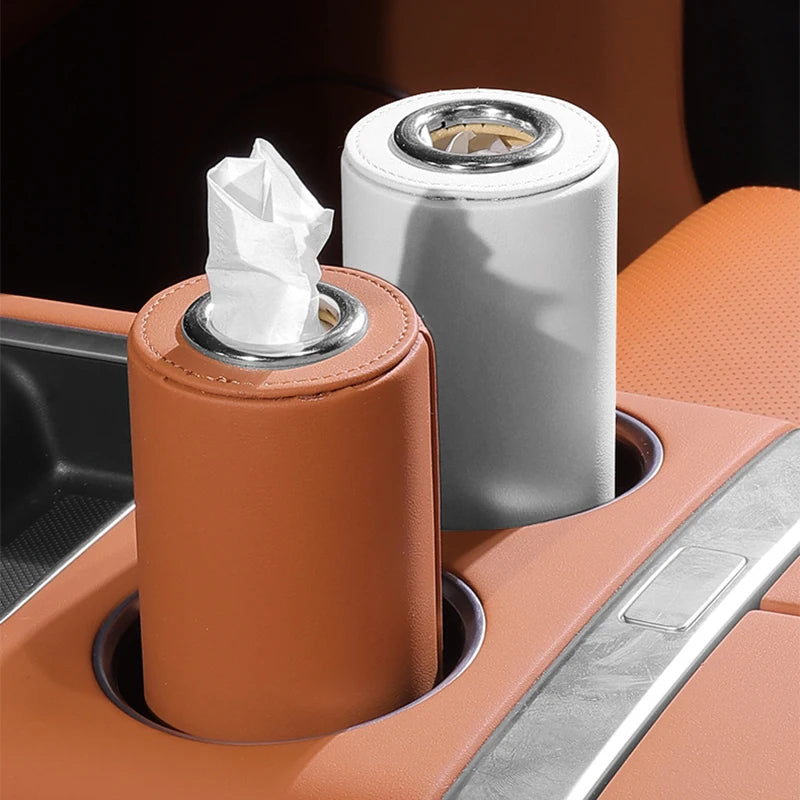 1Pc Universal Cylinder Car Tissue Box Luxury PU Leather Napkin Holder for Cup Holder Storage Case Suitable for Tesla Audi Merced