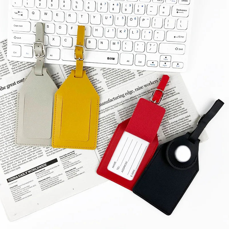 PU Leather Luggage Tag with Tracker Holder Privacy Flap ID Card Window Adjustable Buckle Travel Suitcase Name Label Accessories