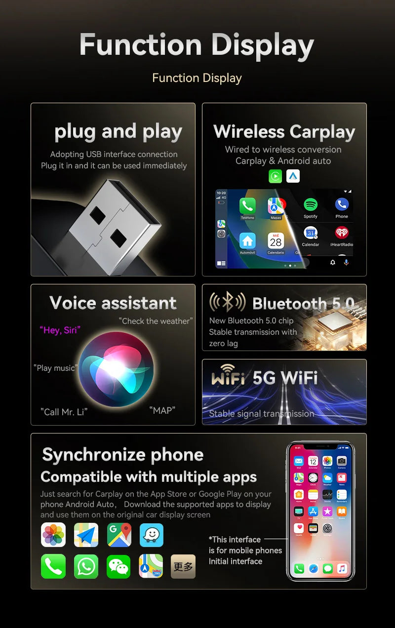 CarPlay Android Auto Adapter 2in1 5G WiFi Bluetooth Fast Connection Universal for Car Plug Play voice assistant