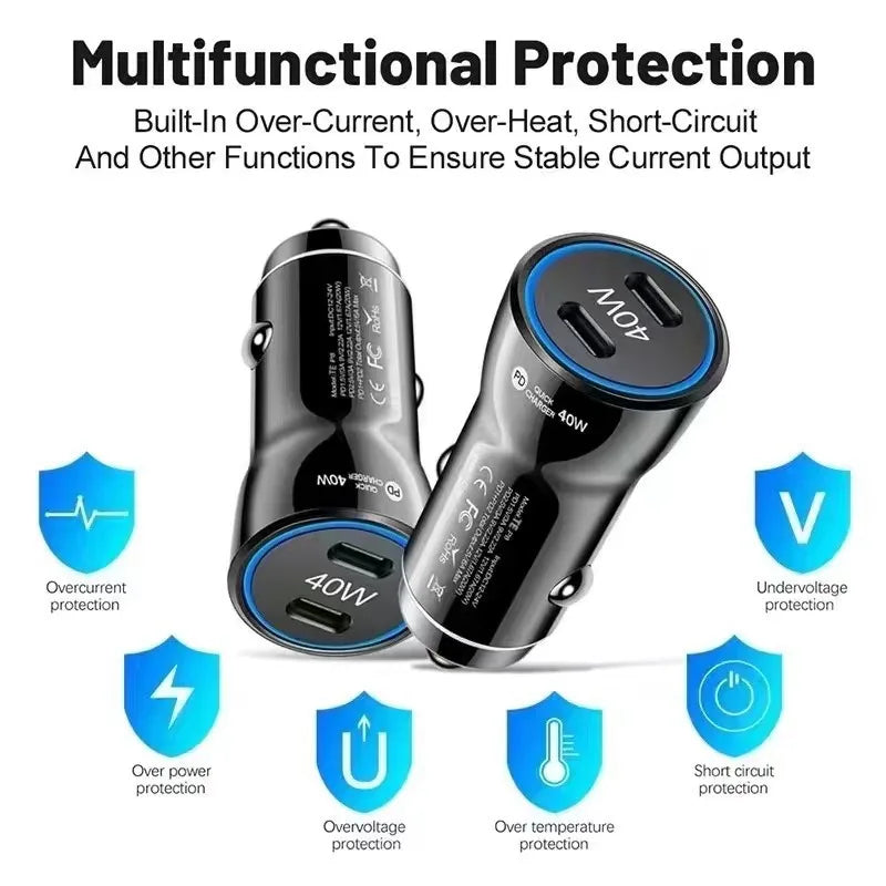 40W PD Dual USB C Car Charger, Mini Fast Adapter with Blue LED Ring For Safe Phone Tablet Dash Cam Navigation Power For iPhone