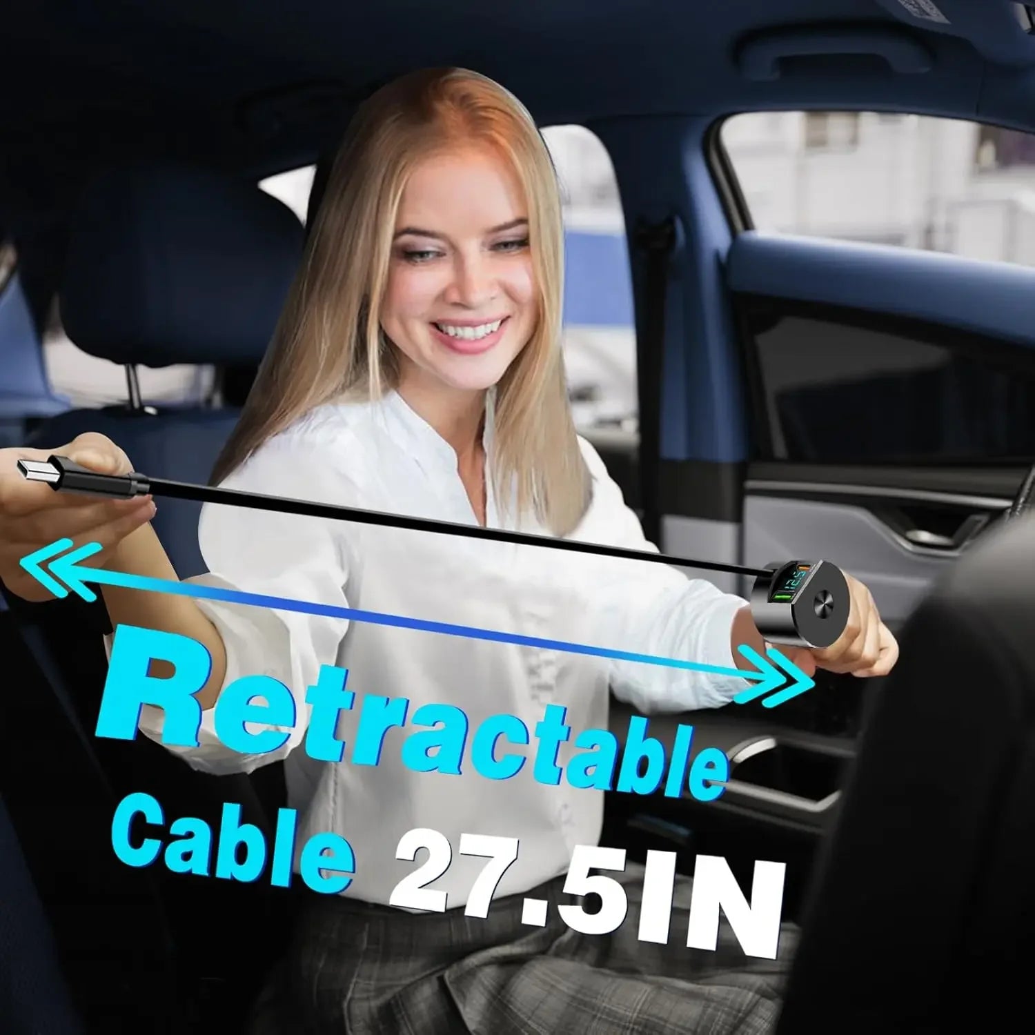 Upgraded Retractable Car Charger 3 in 1, 69W Fast Charging PD30W+2.4A Voltage Display Dual Cables for iPhone & Android