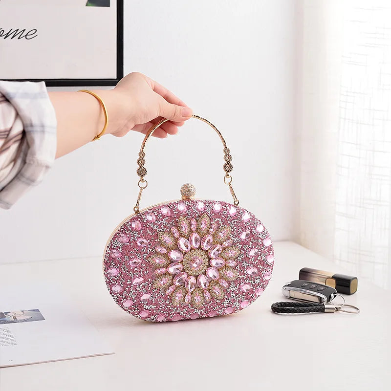 Alirattan 2026 New Flower Rhinestones Evening Bags Metal Prom Clutch Diamonds Clutch Chain Shoulder Handbags