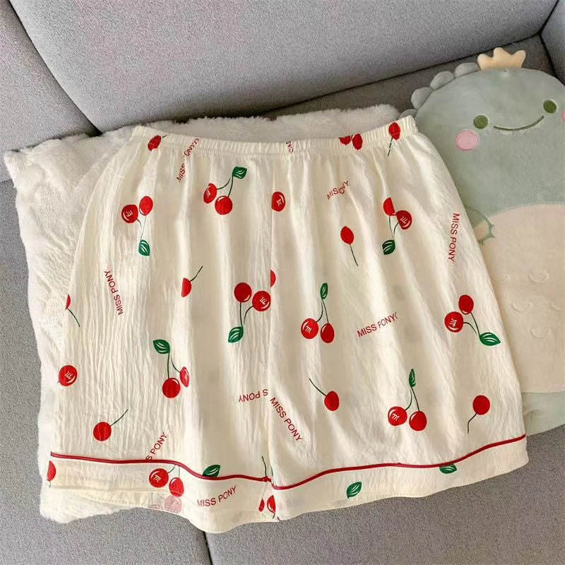 Women's Summer Pajamas, Thin Cherry-Patterned Short-Sleeved Shorts, Sweet and Cute, Can Be Worn Outside in Summer, Two-Piece Home Wear Set