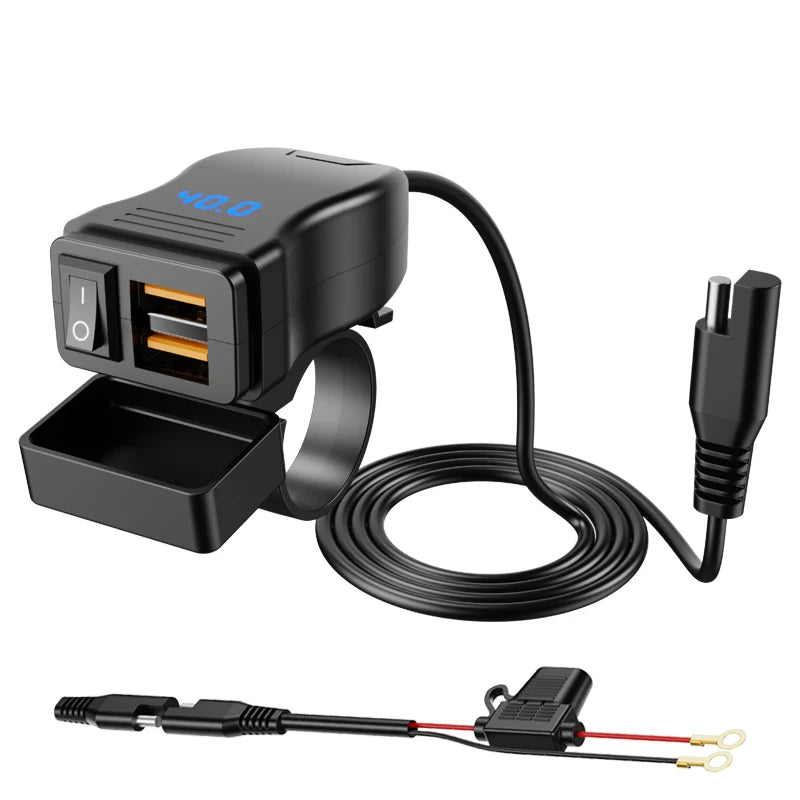 Motorcycle Vehicle-Mounted Charger Waterproof Adapter 12V-24V Phone USB PD Ports Quick Charge 3.0 With Switch Digital Voltmeter