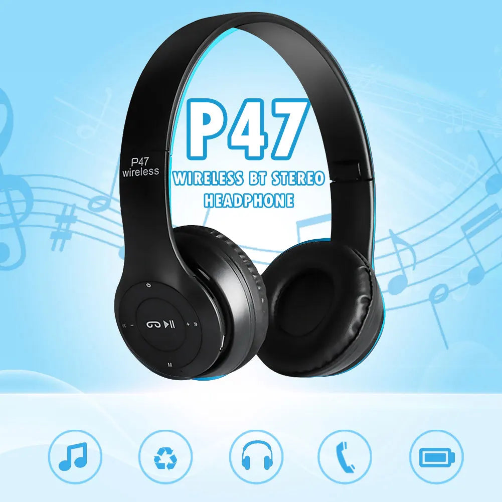 P47 Wireless Game Headset Noise Cancelling Sports BT5.0 Headphones Studio Pro Card Mp3 Player Support Hands-Free Built-in Mic