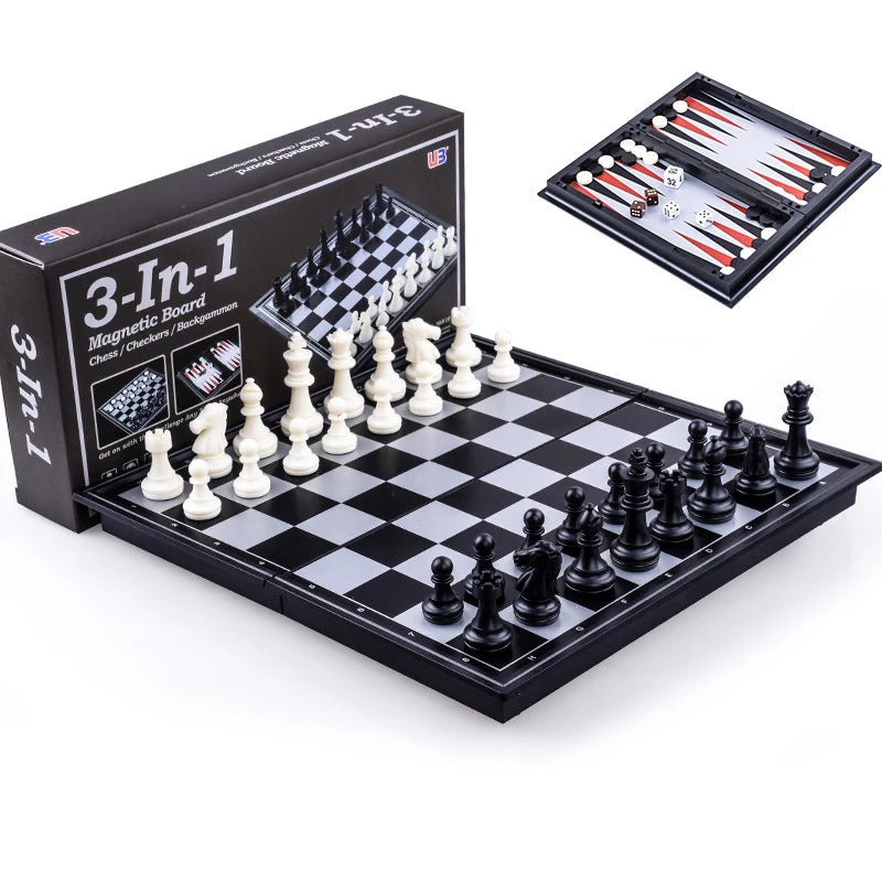 25CM Foldable Magnetic Chess Checkers Backgammon Game Board 3-in-1 Ideal Tabletop For Family Gathering