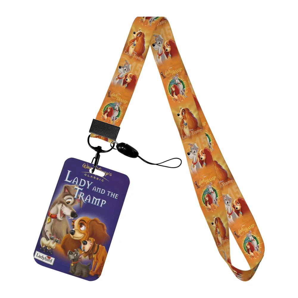 Disney Cartoon Lady and the Tramp Card Holder Anti-lost Neck Strap Lanyard ID Card Pendant USB Badge Clip DIY Keychain Accessory