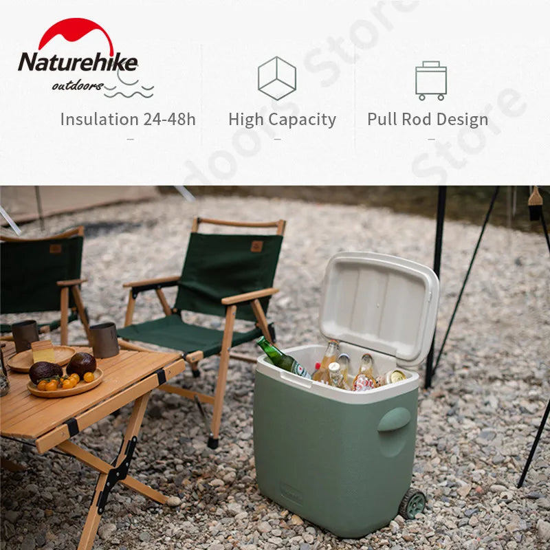 Naturehike 38L Cooler Box PP Storage Pull Roller Outdoor Picnic Camping 24-48h Keeping Food Fresh Portable Large Capacity Cooler
