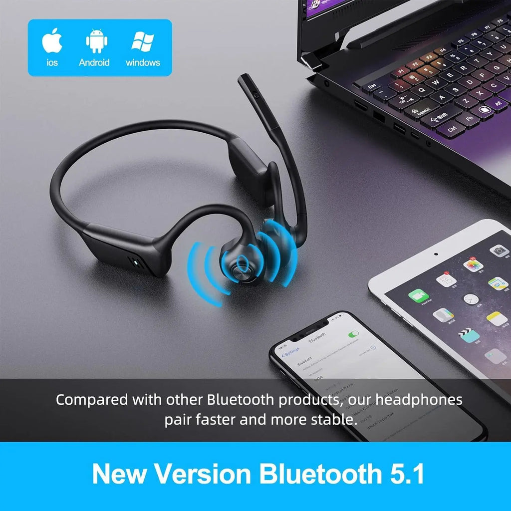 Eppfun Open Ear Air Conduction Bluetooth Headphones, AptX-LL Boom Microphone and Mute Button, for Driving, Phone Call, Office