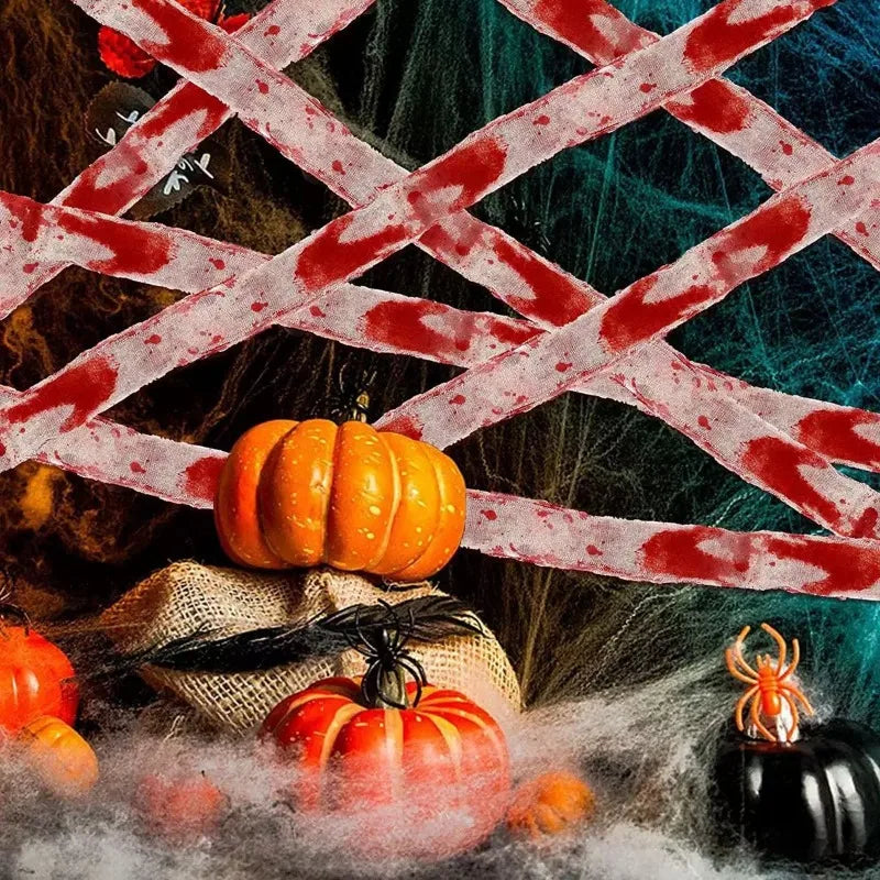 1PC Bloody Gauze Strips Roll with Caution Tape for Halloween Haunted House Decoration Creepy Crime Scene Party Props