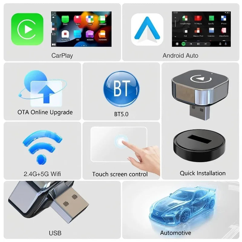 2 In 1 Wireless CarPlay Adapter Fast Auto-Connect USB Dongle For iPhone Android