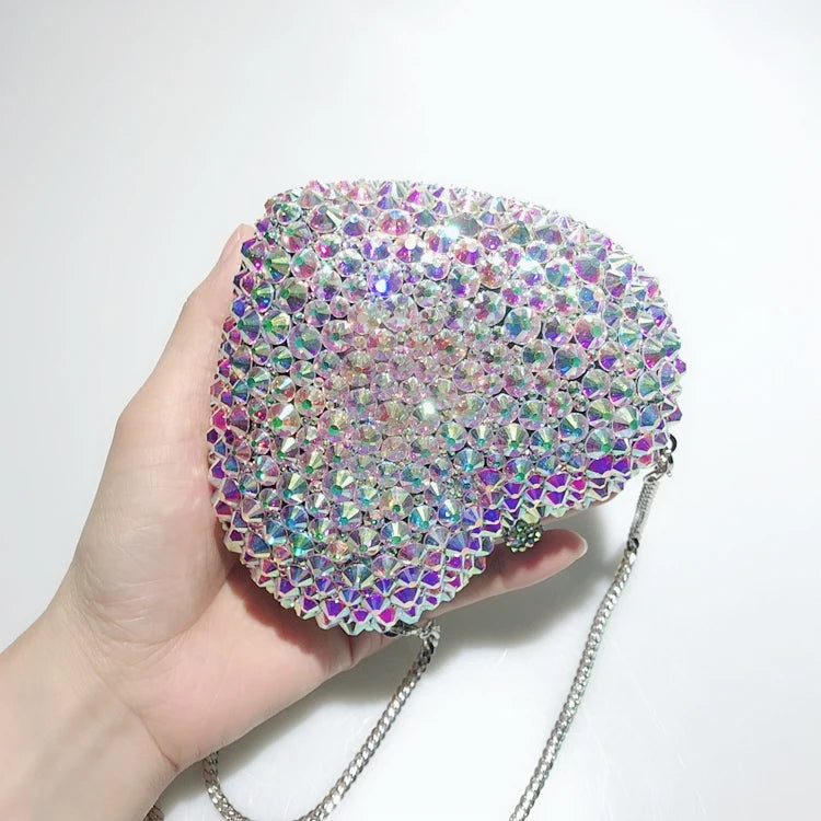 Factory Supply Love Heart Shape Handmade Diamond Chain Crystal Stone Wedding Dinner Portable Diamond Bag