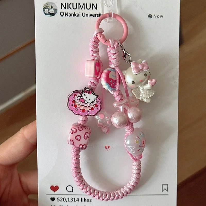 INS Sanrio Hello Kitty Sweet Pink Hand Woven Phone Case Wrist Strap Bead Keychain Bag Decor Pendant for Girl Woman Phone Lanyard