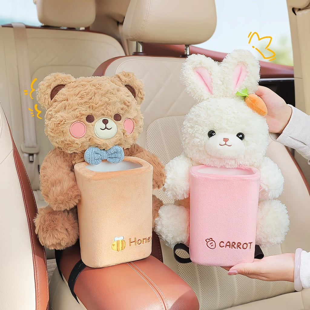 2-in-1 Cute Plush Car Tissue Holder Trash Bin Multifunctional Creative Storage Rack Armrest Storage Cute Car Accessories