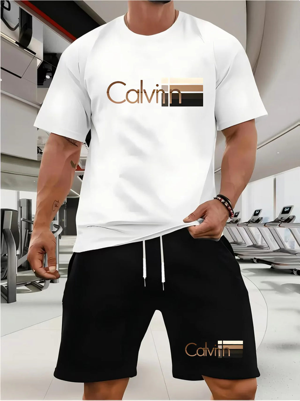 Men's T-shirt and shorts set summer casual loose and fashionable Calvin letter print comfortable round-neck short-sleeved T-shir