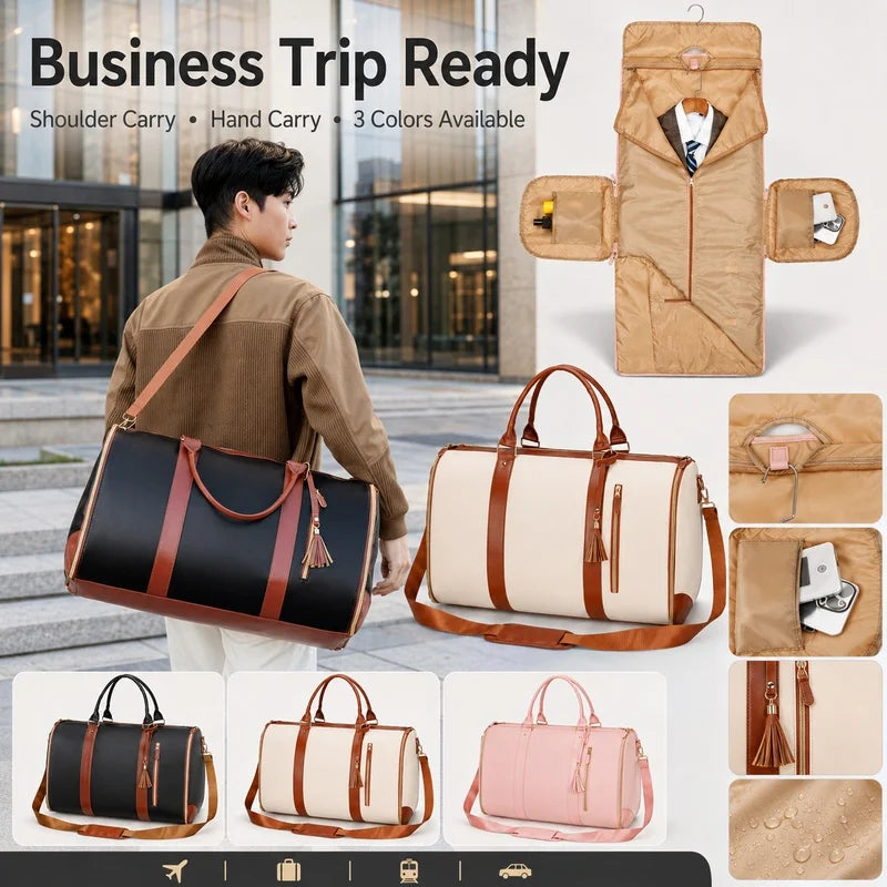 Foldable Garment Travel Bag, PU Leather Suit Duffel Bag Large Capacity Weekender Carry On Gym Bag for Men Women