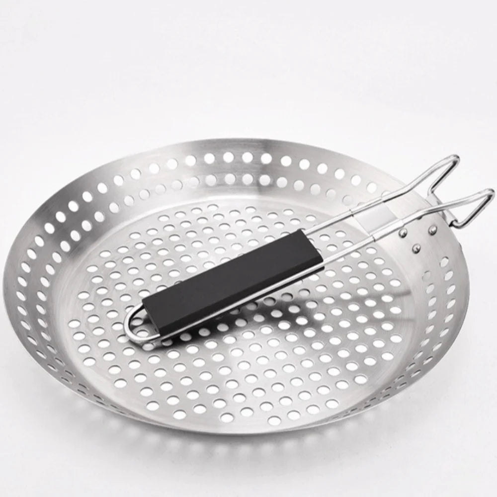 Portable Stainless Steel Vegetable Grill Basket Circular Non Stick BBQ Plate Folding Wood Handle Grill Fry Pan Kitchen Cooking