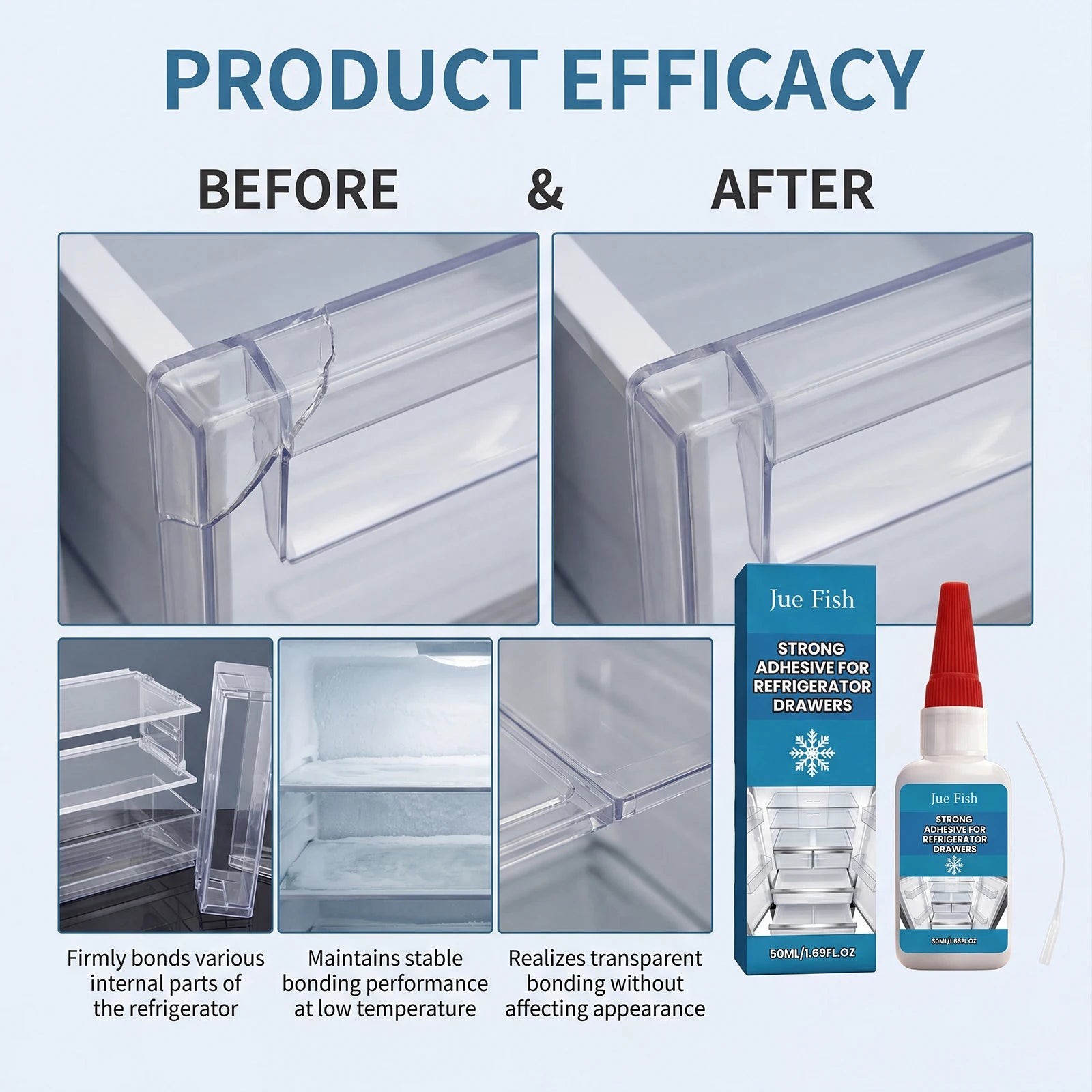 Fridge Drawer Repair Adhesive No Nail Strong Bond Instant Fix Freezer Interior Parts Glue Transparent Waterproof Household