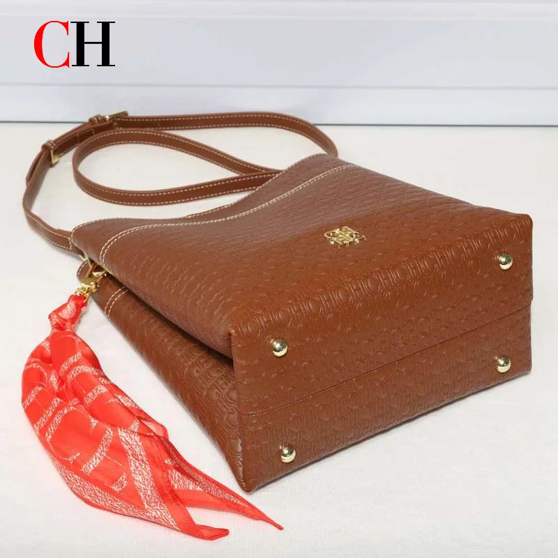 CH Bucket Bag Women Luxury Crossbody Bag Large Capacity Leather Shoulder Handbag With Silk Scarf Vintage Daily Commute Handbags