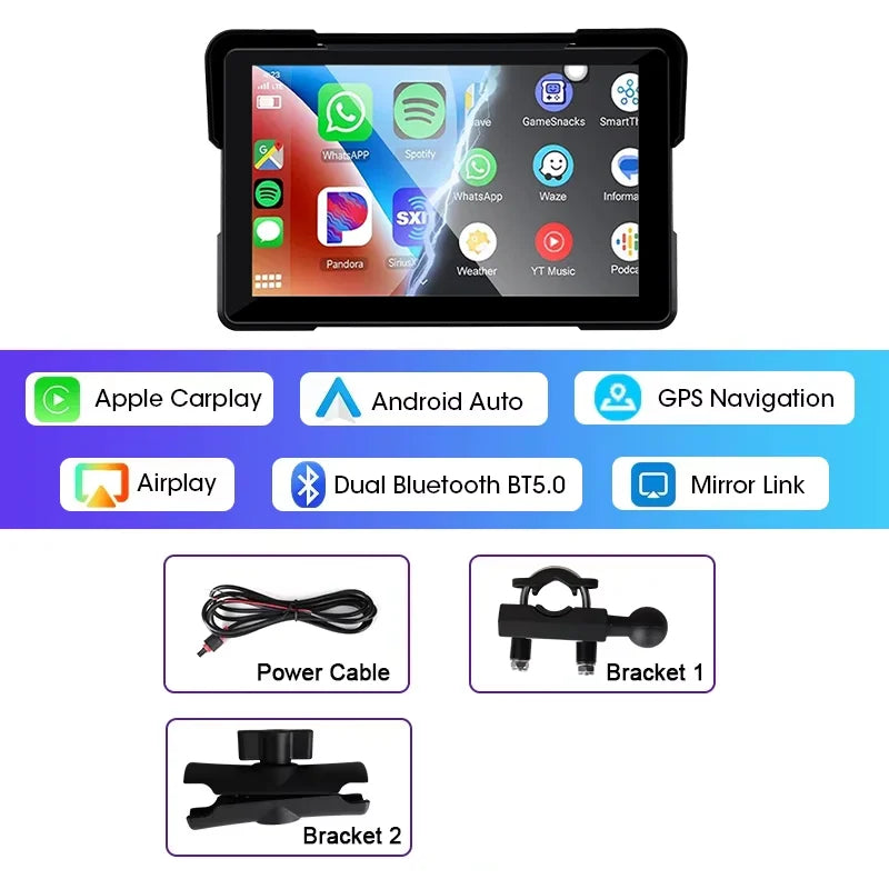 Jansite 5/7 inch Carplay Motorcycle DVR Navigation GPS Wireless CarPlay Android Auto IPX7 Display Screen Portable Moto Monitor