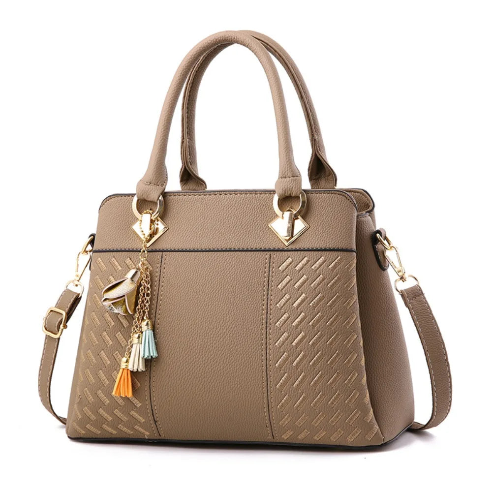 Casual PU Leather Shoulder Bags with Pendant Solid Color Ladies Handbags Large Capacity Embossed Crossbody Bag