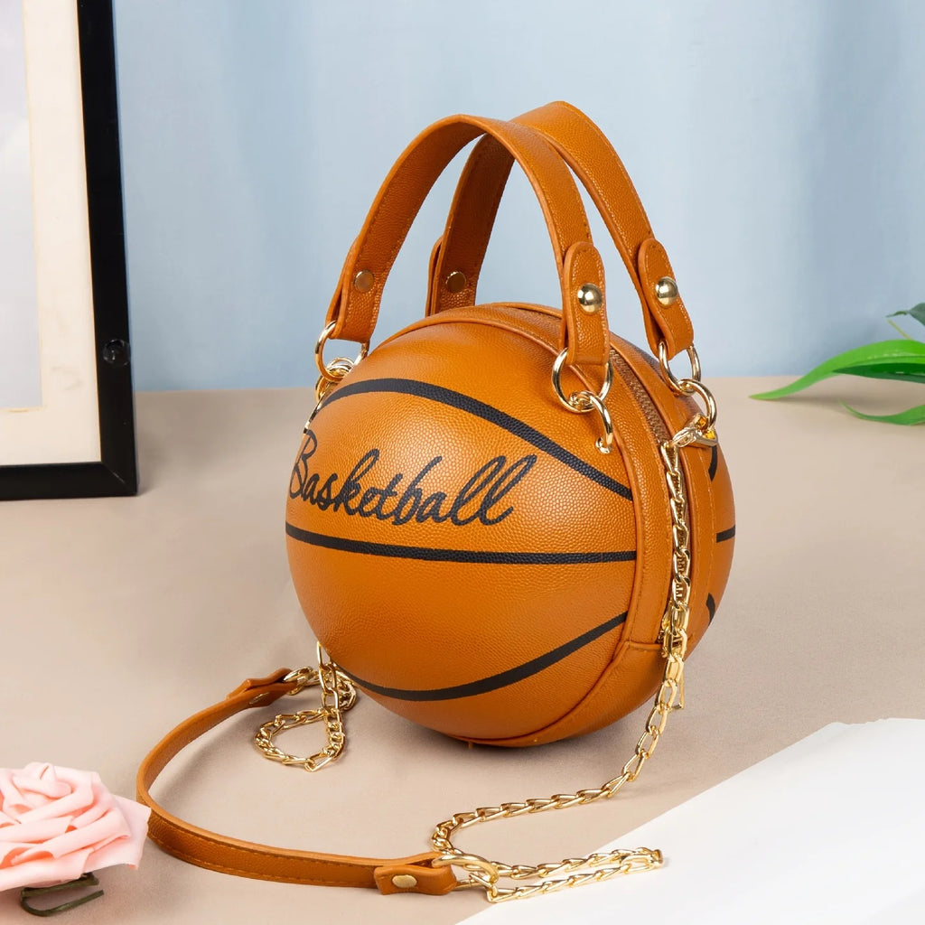 Basketball Shaped Crossbody Bag, Trendy Y2K Chain Shoulder Bag, PU Leather Top Handle Circle Purse Purses and Handbags Hand Bags