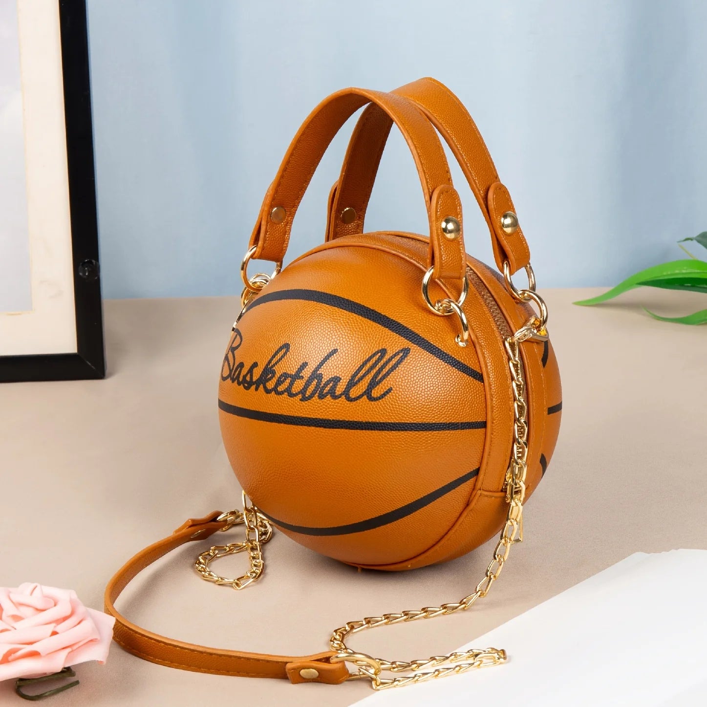 Basketball Shaped Crossbody Bag, Trendy Y2K Chain Shoulder Bag, PU Leather Top Handle Circle Purse Purses and Handbags Hand Bags