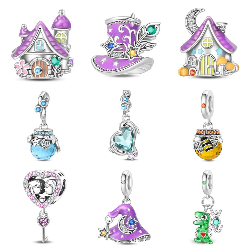 Original Charms Silver Plated Beads Fit Bracelets Charms Diy Women Gift Accessory Magic House Witch Heart Blue Crystal Pendant