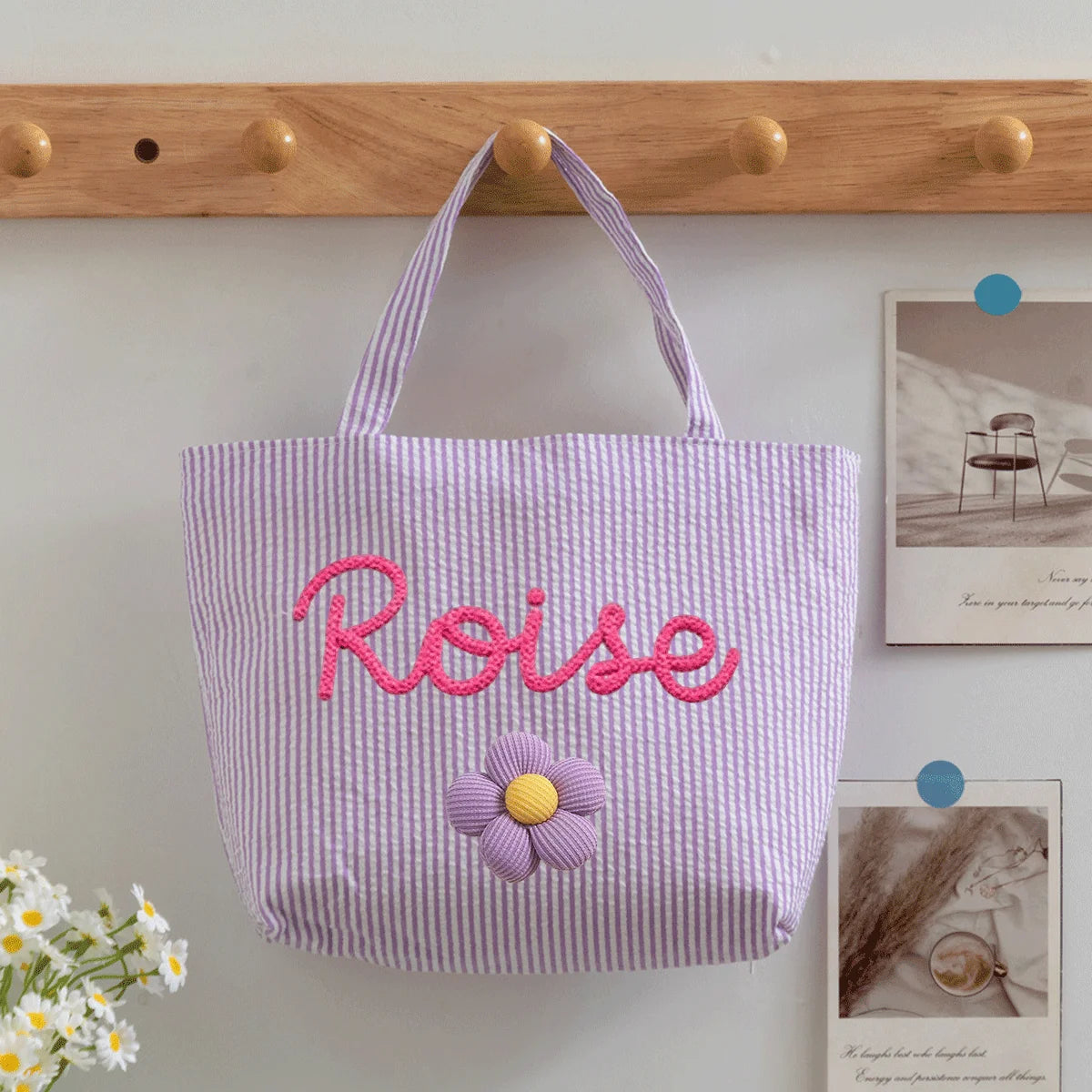 Custom Seersucker Cosmetic Handbag and Travel Organizer — Personalized Chenille Letter Toiletry Bag and Summer Beach Tote