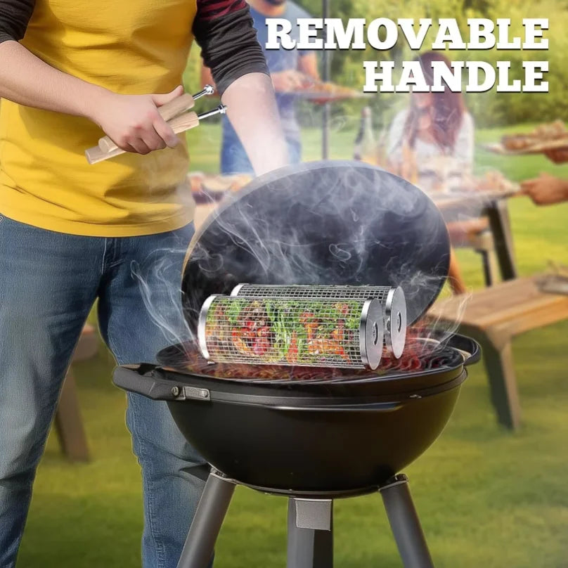 Rolling BBQ Cage with Wooden Handle - Outdoor BBQ Grill Basket | 304 Stainless Steel Grill Cylinder & Grill Net