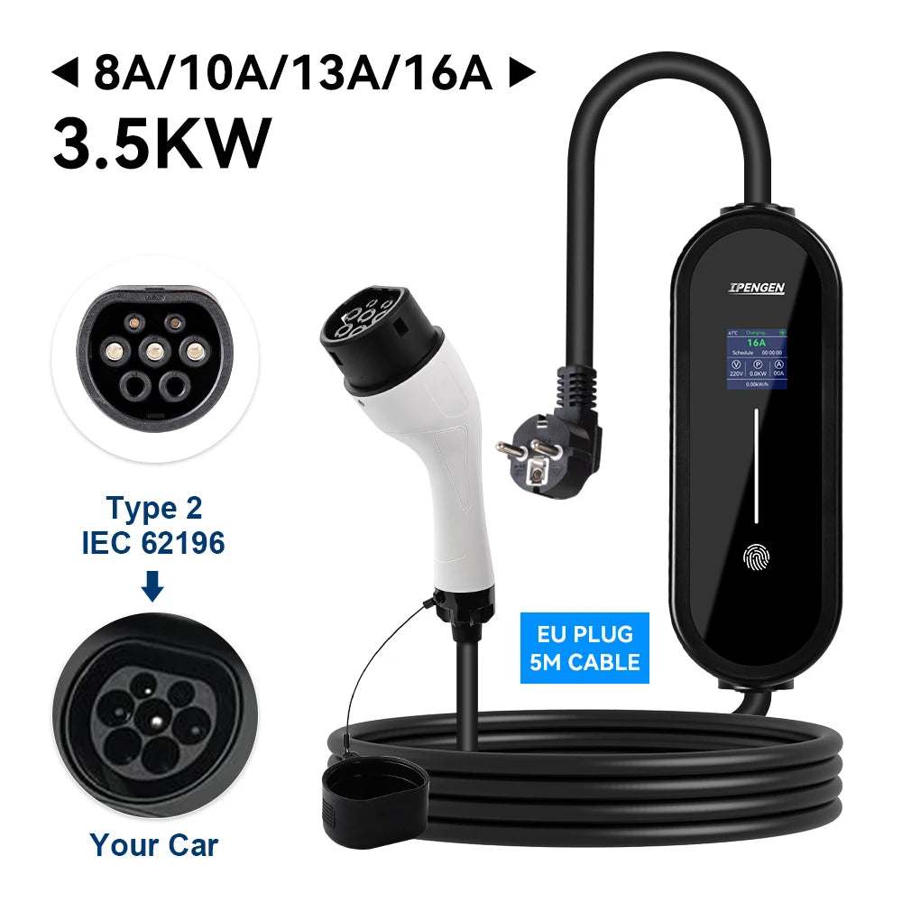 IPENGEN 3.5KW Portable EV Charger 5M Cable Type2 IEC62196/ GB/T Connector 16A 1Phase Type1 Wallbox Charging for Electric Vehicle