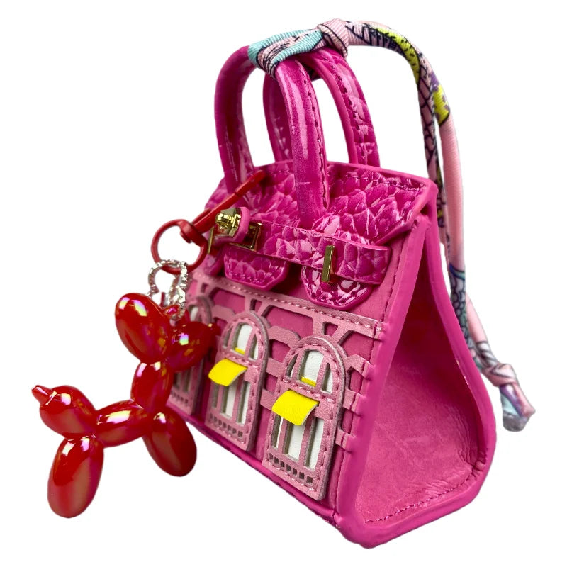 Handcrafted Mini House-Shaped Handbag with Puppy Keychain Suede Touch Bag Charm Purse Accessory for Earphones Coins Lipsticks