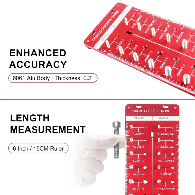 Thread Checker – Rustproof Nut and Bolt Identifier Gauge with SUS304 Bolts & 6061 Aluminum Base – for Metric & Standard Thread