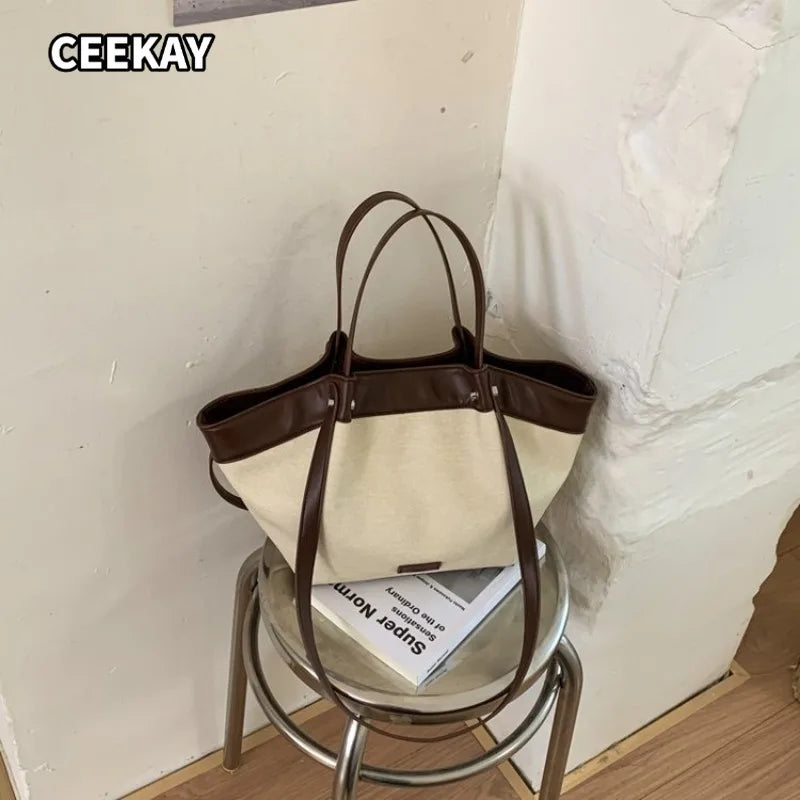 CEEKAY Minimal Linen PU Spliced Large Tote Bag Leather Long Handle Blank Front Tag Two Ways Carry Light Portable Shoulder Purse