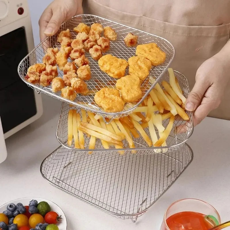 Multi Functional 304 Stainless Steel Air Fryer Accessories Stackable Rack Non-stick Airfryer Tray Grill Basket Kitchen Gadgets