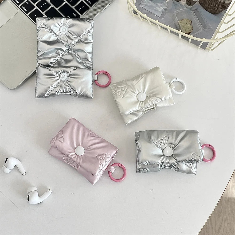 New Cute Heart Earphone Bag for Women Soft PU Leather Bow Headphone Storage Bag Silver Bluetooth Headset Earphone Case Gifts