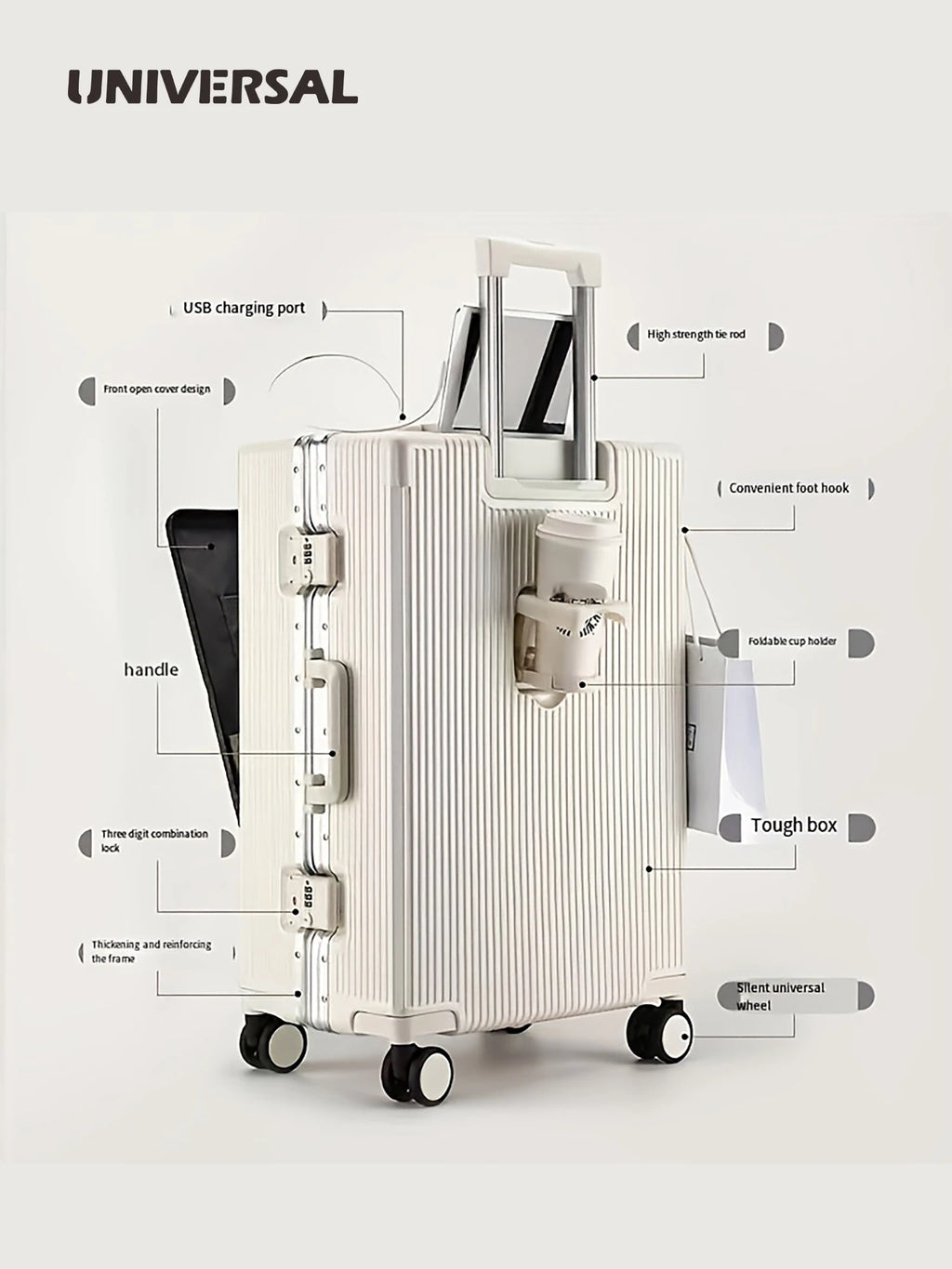 2026 new front opening luggage compartment, multifunctional business travel suitcase, sturdy passenger boarding suitcase