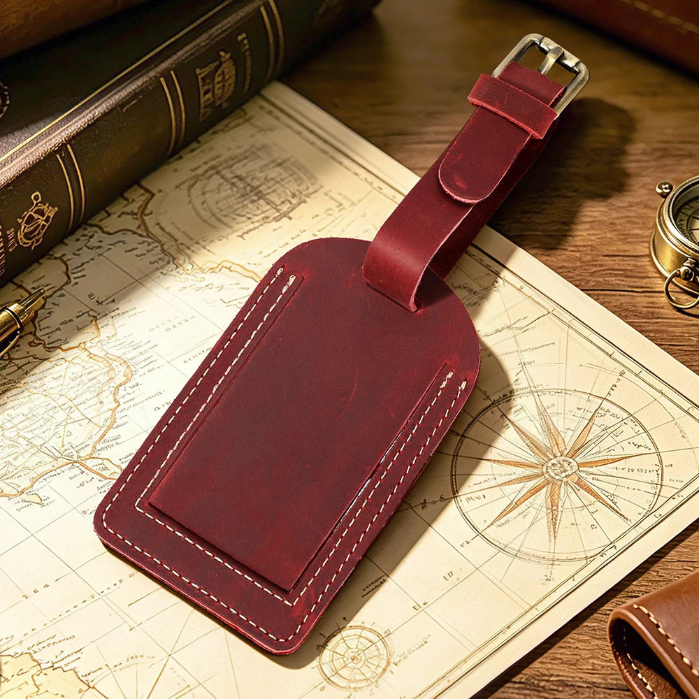 Vintage Crazy Horse Genuine Leather Luggage Tag Privacy Cover ID Address Label Adjustable Strap Suitcase Baggage Travel Accessor